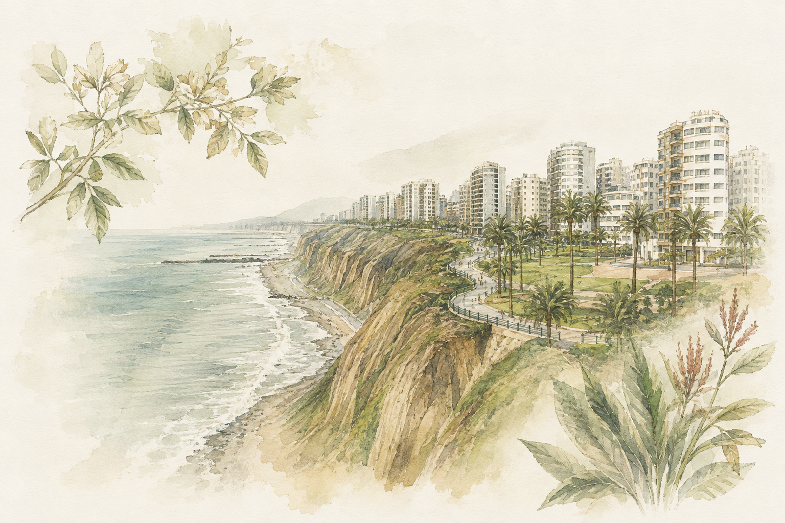 Watercolor illustration of the Miraflores coastline in Lima
