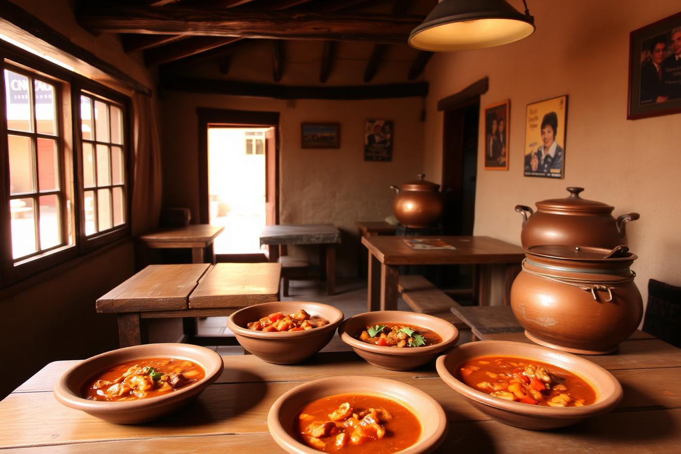 Clay bowls of Andean stew in a traditional picantería