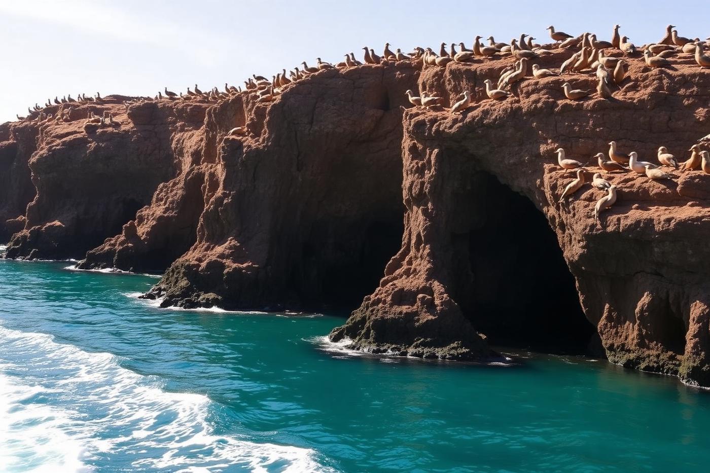 Sea lions and seabirds on the rocky Ballestas Islands