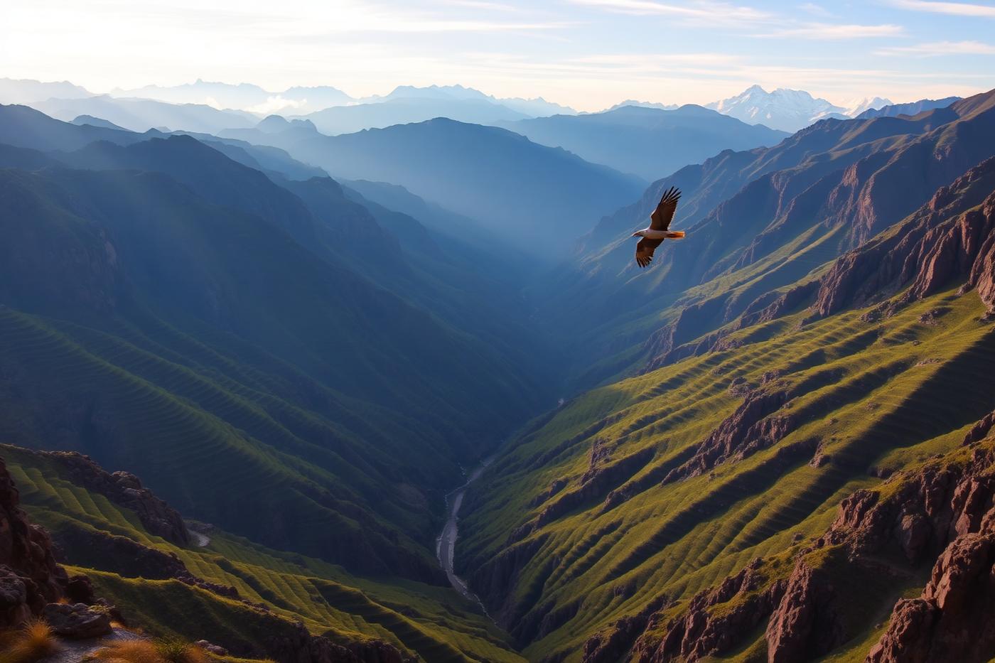 Condor soaring over the terraced Colca Canyon