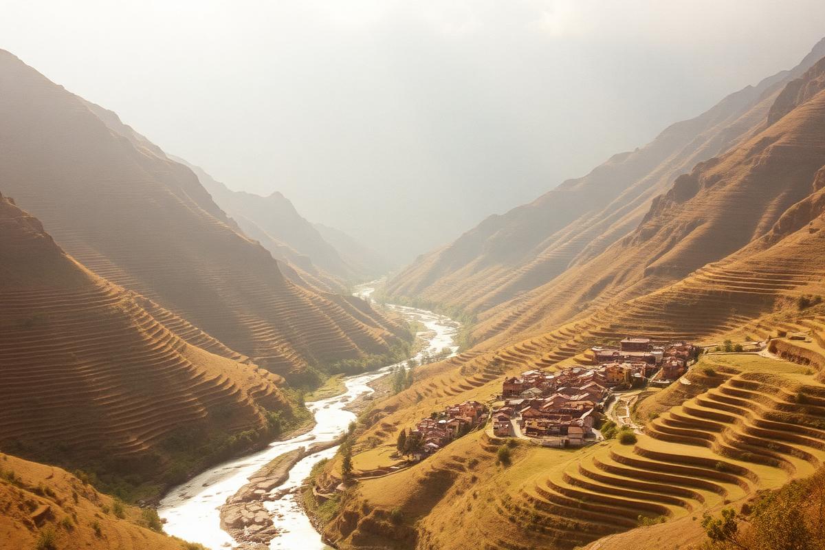 Green terraced valley beneath the Andes