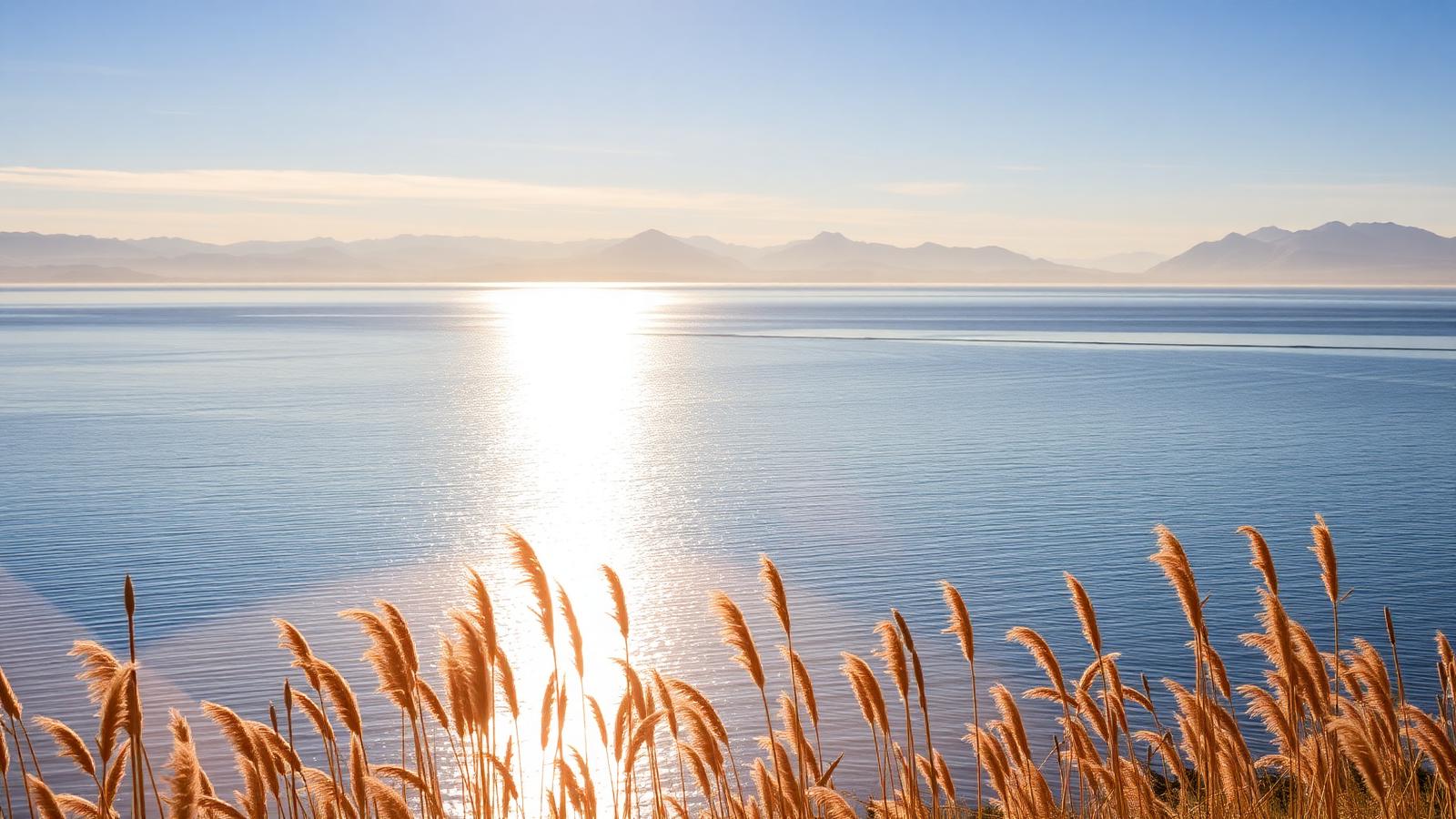 Sunrise over the still blue water of Lake Titicaca