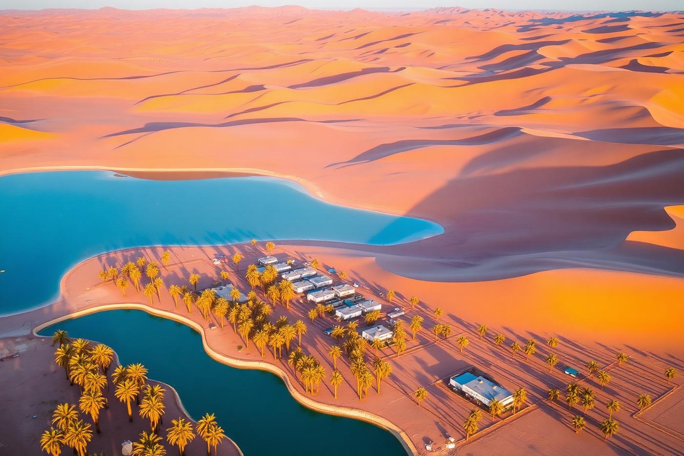 Palm-fringed oasis surrounded by giant sand dunes at Huacachina