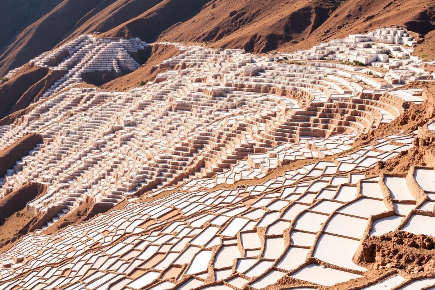White terraced salt pans on a mountainside at Maras