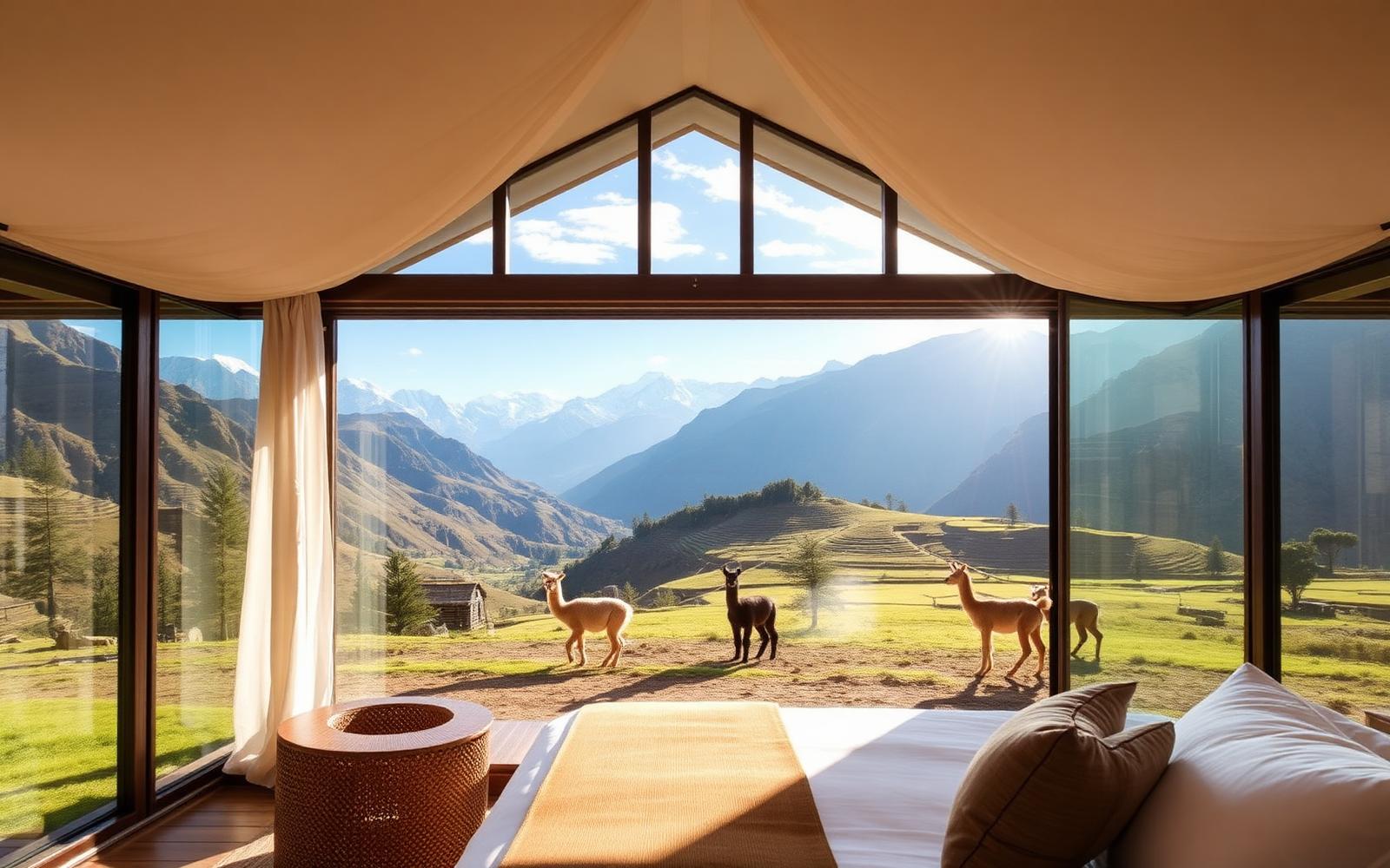 Glass-fronted mountain lodge suite facing the Andes