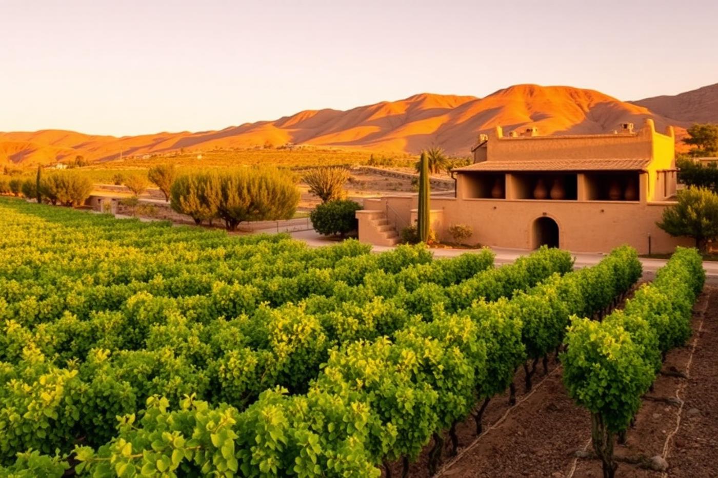 Vineyard rows and an adobe pisco bodega in Ica