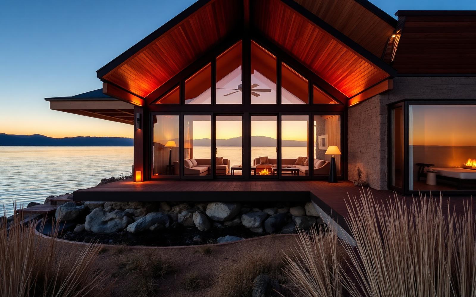 Warmly lit lodge on the shore of Lake Titicaca at dusk