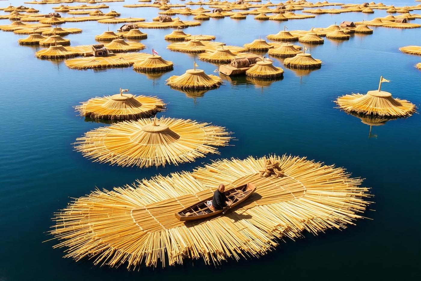 Golden totora reed floating islands on Lake Titicaca